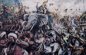 Sultan Ahmad defending Malacca from the Portuguese on his elephant